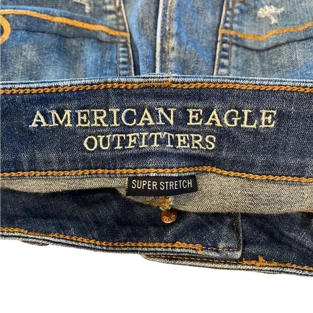 American Eagle Sz 0 Blue Denim Distressed Hi-Rise Shortie Super Stretch Shorts